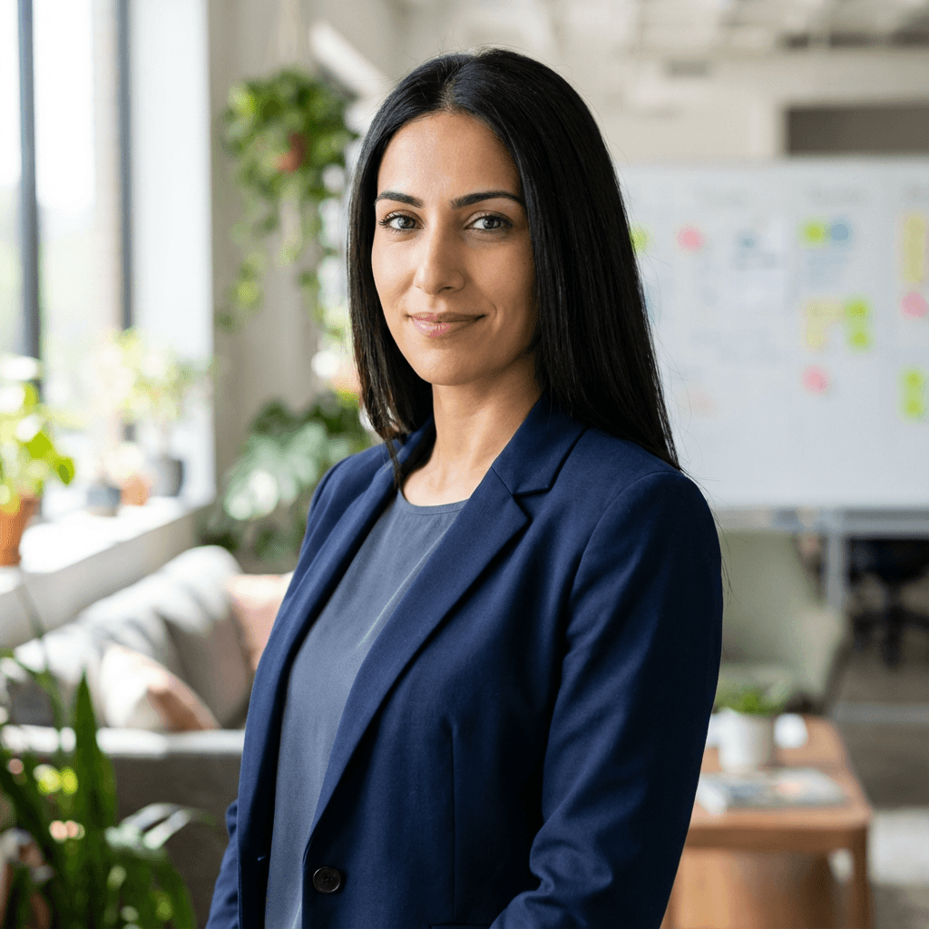 Fatima Al-Rashid looking professional and warm