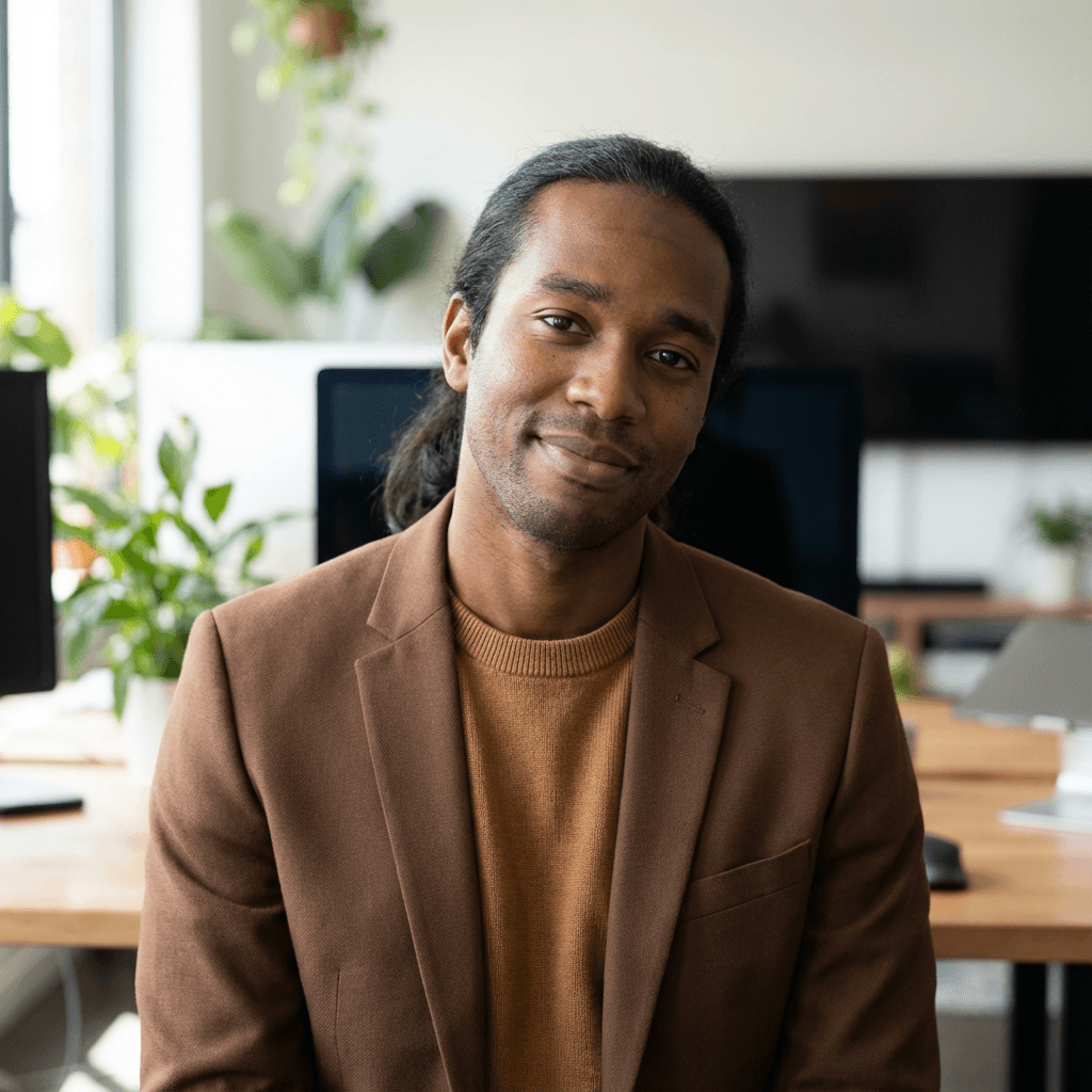 David Okonkwo in his early 30s, Black, professional and casual in a modern co-working space