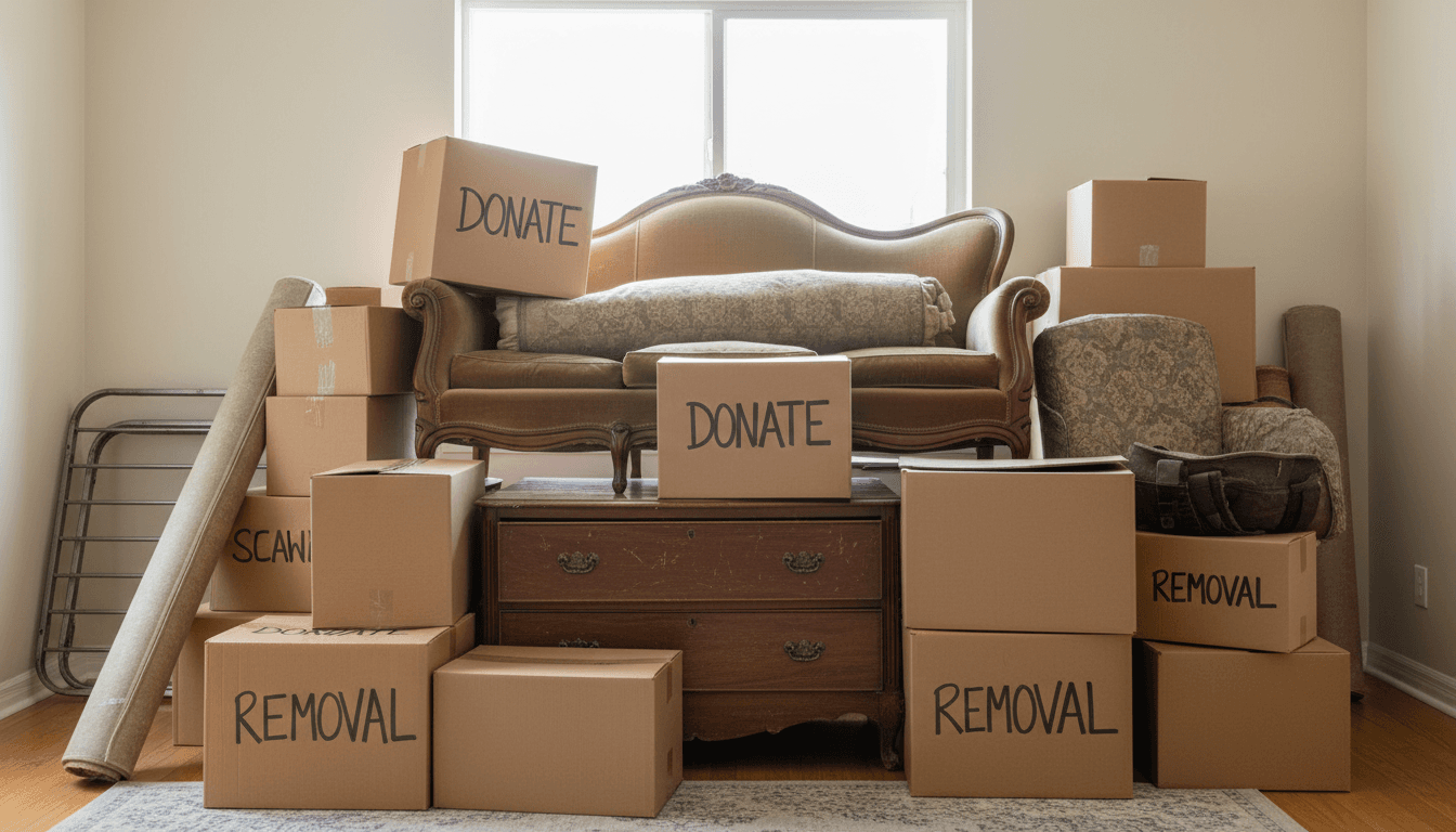 Pile of old furniture and boxes in a residential setting for removal