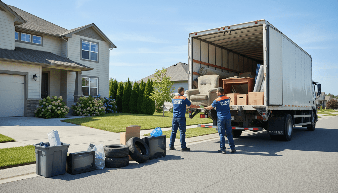 Workers loading household items into a cargo truck on a suburban driveway.