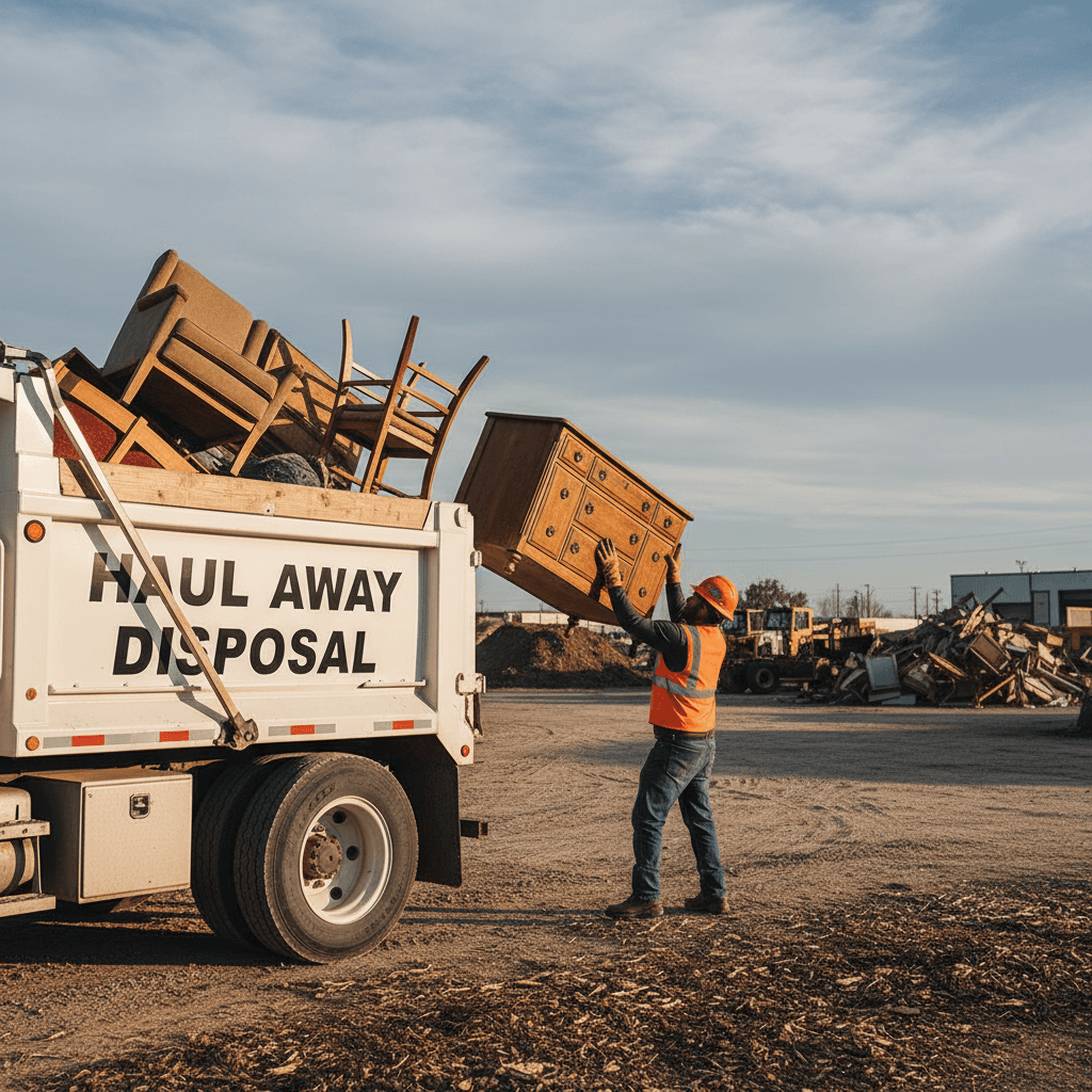 Worker in safety vest loading furniture into a junk removal truck