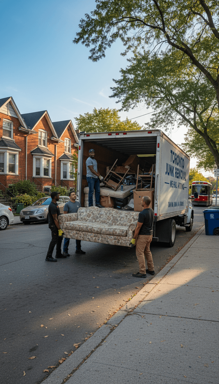 Junk removal crew loading a truck with old furniture