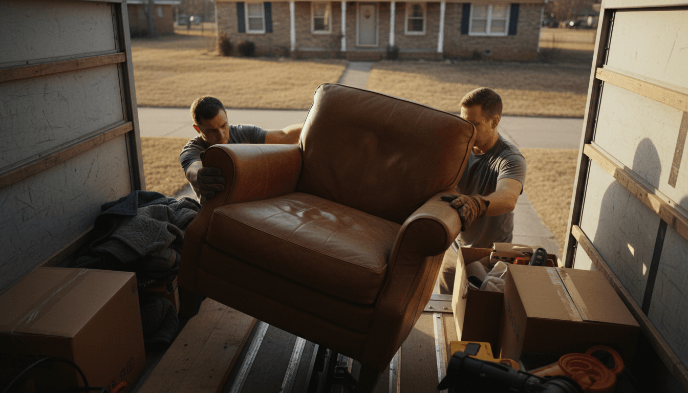 Junk removal worker loading old furniture into a truck