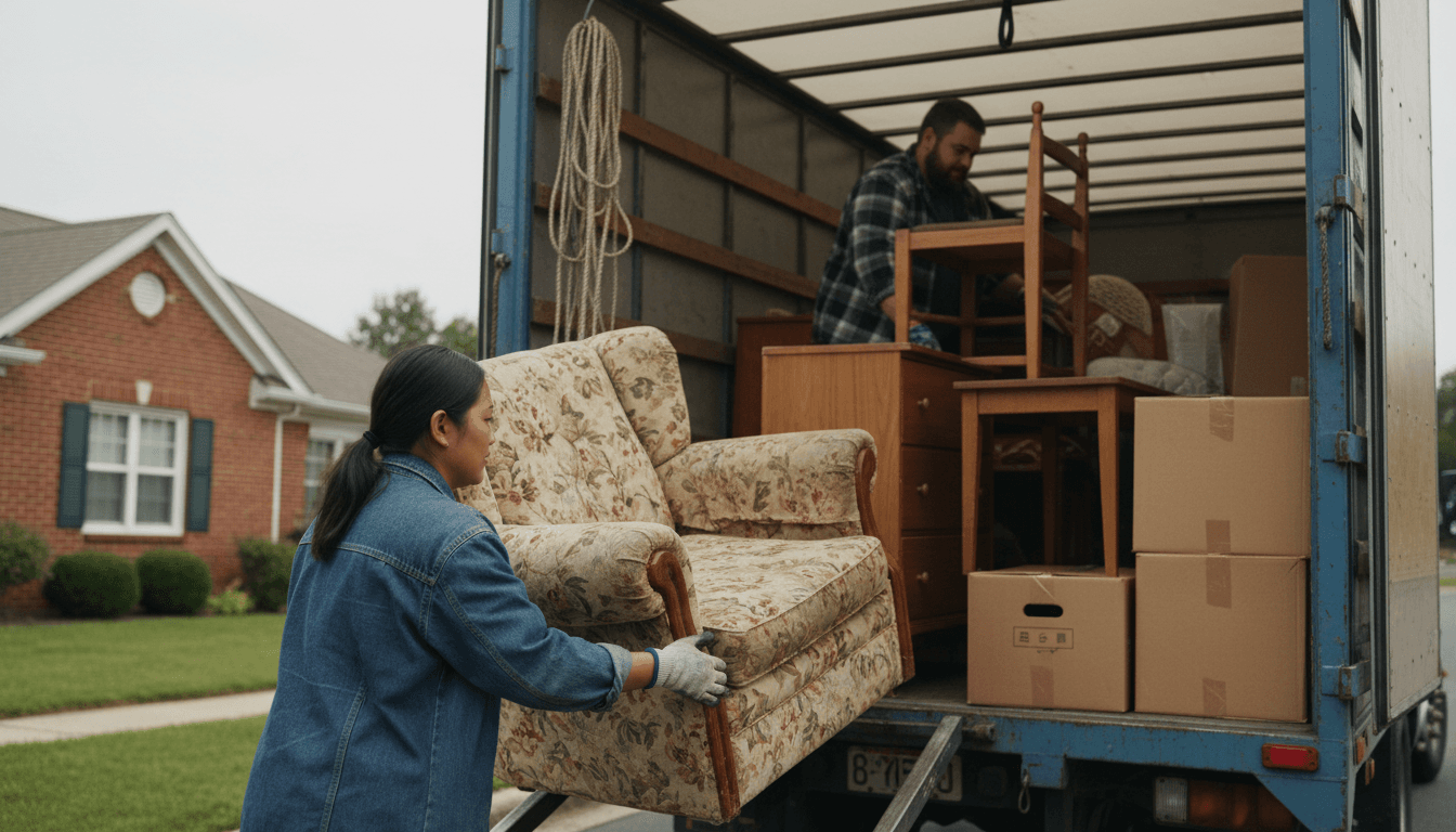 Junk removal team loading furniture into a truck