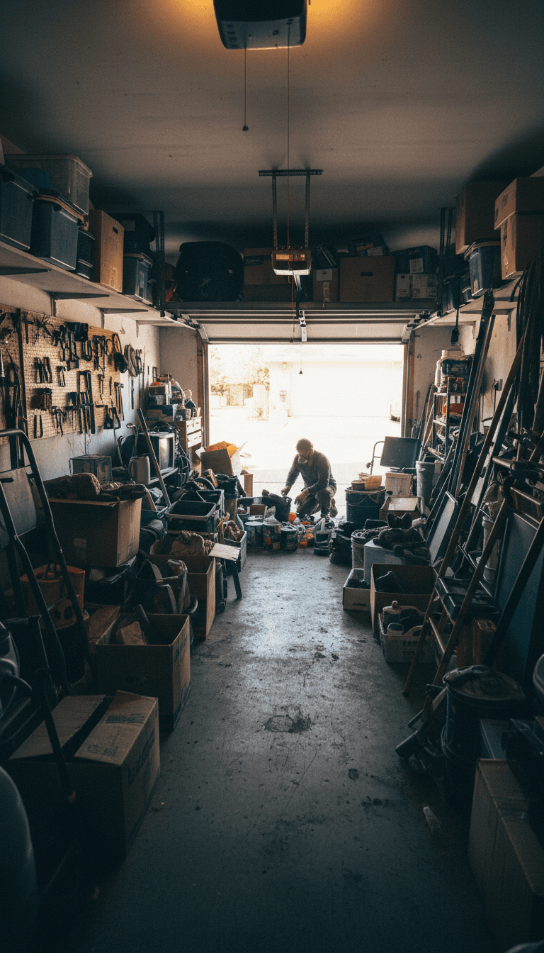 Empty garage with cleared floor and storage shelves