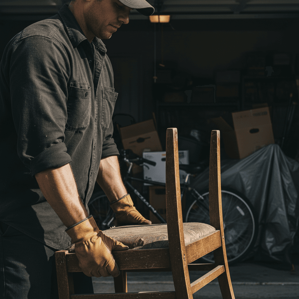 Junk removal worker gripping and lifting worn wooden chair in cluttered residential garage during cleanup operation