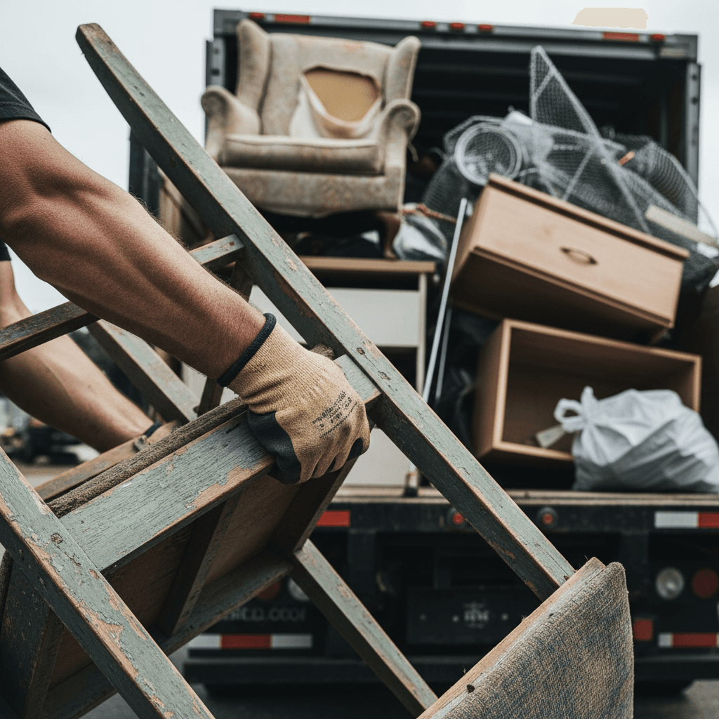 Close-up of worker's gloved hands loading worn wooden chair into junk removal truck bed