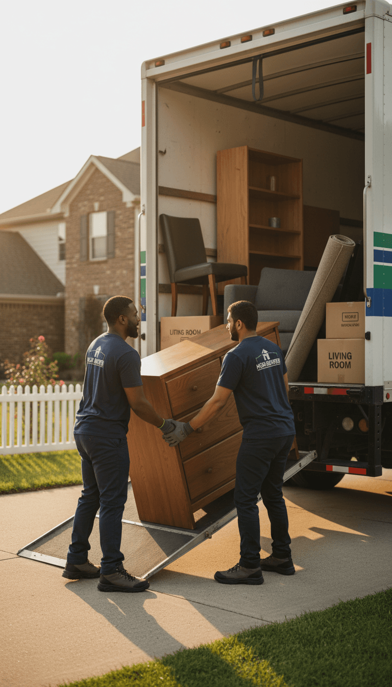 Two workers carrying old couch out of a Toronto home