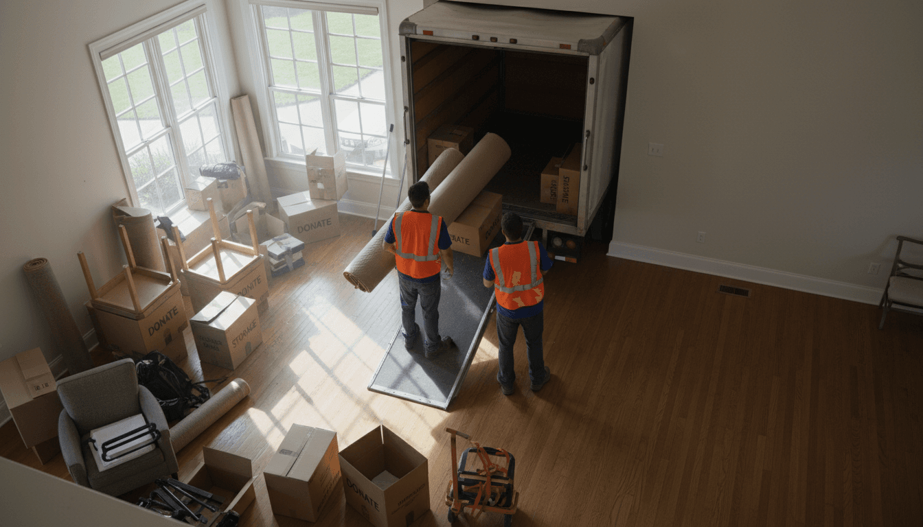 Two uniformed workers loading furniture and boxes from a residential living room into a professional hauling truck