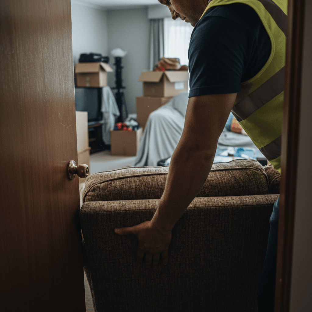 Worker in gloves carrying old furniture out of a house