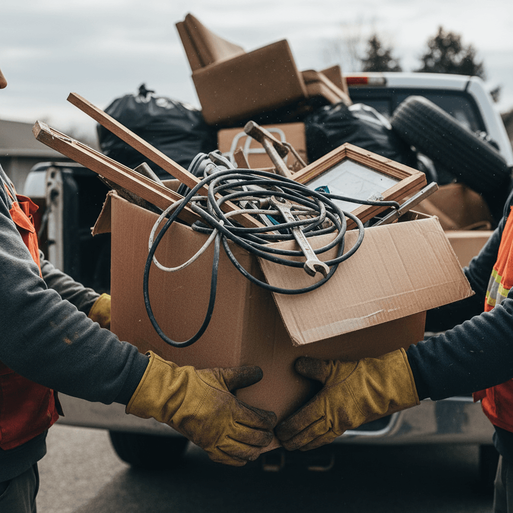 Workers loading cardboard box of clutter and old tools into truck bed during junk removal service.